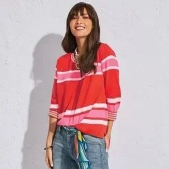 CABI Women’s Red Pink White Striped Cadet Pullover Sweater Size XL Style #6168 - Picture 1 of 7